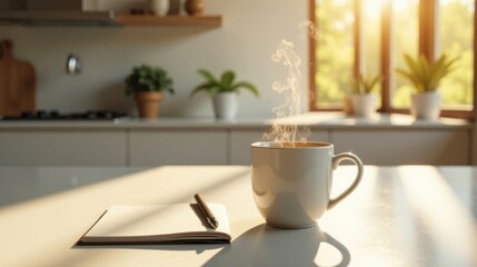 Obraz premium Morning sunlight illuminates a tranquil kitchen scene, featuring a steaming mug beside an open notebook and pen, ready for the day's reflections and plans.