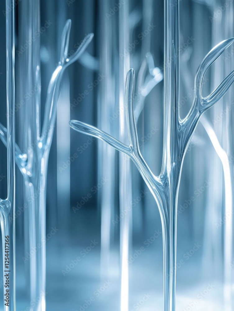 Poster Glass forest features abstract tree shapes with glowing reflections in a serene and enchanting atmosphere. Generative AI