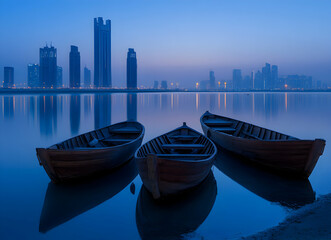 Still Waters and City Dreams, Serene Reflection of Urban Skyline with Traditional Boats at Dusk for Tranquility Seekers