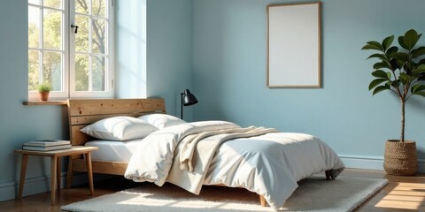 Serene Bedroom Interior Design Featuring a Wooden Bed Frame and Minimalist Decor