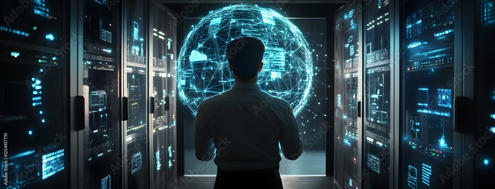 Wall mural a network engineer contemplates the complex architecture of a data center, illuminated by a mesmeriz