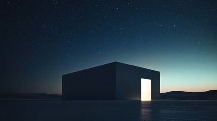 sleek minimalist warehouse building stands silhouetted against starry night sky, with glowing doorway inviting exploration and wonder