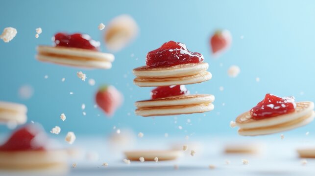 Strawberry jam pancakes levitate; crumbs and berries float; blue background; food photography