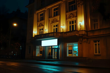 Illuminated facade of an old building at twilight, featuring ornate architectural details and a blank sign perfect for storefront promotion