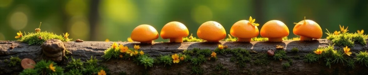 Mehrere Pilze in einer Reihe in einem St?ck Holz mit Schlagl?chern, gef?llt, pilze, holz