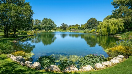 Fototapeta premium Clear summer skies over a peaceful lake surrounded by greenery