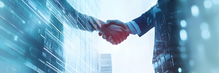 Digital handshake agreement, Conceptual imagery of global business collaboration with data network overlaid on a handshake against cityscape background