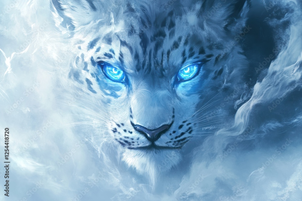 Aufkleber majestic snow leopard gazing through swirling clouds with striking blue eyes in a mystical atmospher