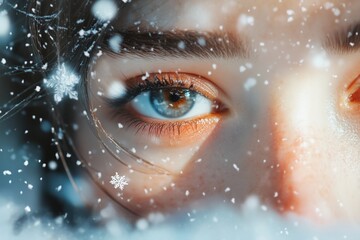 Face framed by falling snowflakes with a snowy forest backdrop capturing the essence of winter's chill and beauty