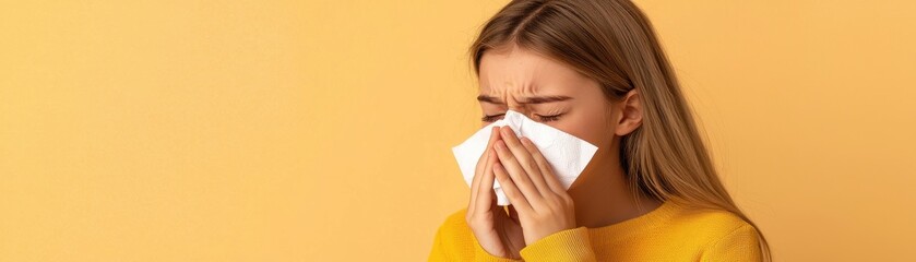 A young woman sneezes into a tissue, expressing discomfort.