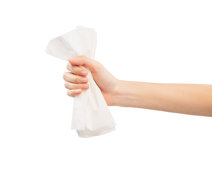 Hand holding or picking white tissue paper on isolated white background.