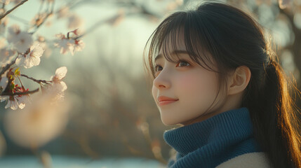Chinese woman in blue ribbed necks enjoy fresh air in park with cherry blossom