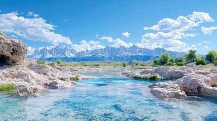 Obraz premium Crystal-clear river flows through rocky terrain, majestic mountains backdrop; idyllic nature scene for travel brochure