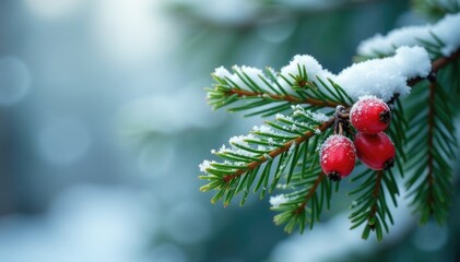 Pine branch adorned with frosty red rowan berries and snow-covered pine needles, winter landscape, evergreen