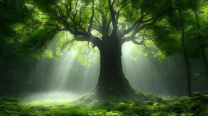 Obraz premium Sunlit Ancient Tree In Lush Forest