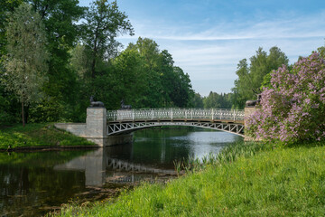 View of the Oleniy (Deer) Bridge in the Pavlovsk Palace and Park complex on a sunny summer day, Pavlovsk, St. Petersburg, Russia