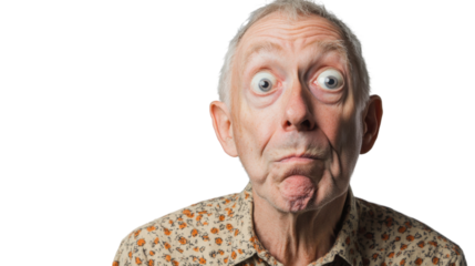 Elderly man expressing surprise on transparent background