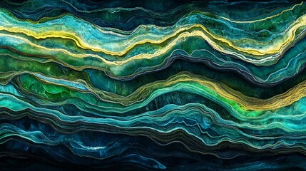 Abstract ocean layers texture, vibrant green blue swirls, dark background, design art