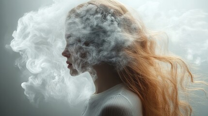 Enigmatic Embrace:  A woman with flowing blond hair is enveloped in ethereal white smoke, creating a mystical and dreamlike atmosphere. Her face is partially hidden.