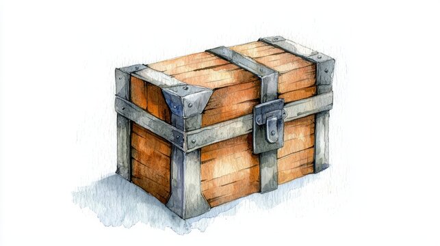 Watercolor sketch of a wooden chest, antique storage, art, and treasure concept