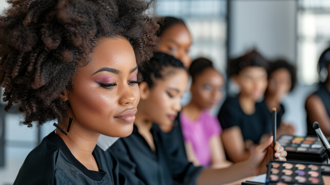 Makeup Artistry Class: A serene young woman with a voluminous afro, eyes closed, is the focus of a makeup artistry class, surrounded by a group of other women applying makeup.