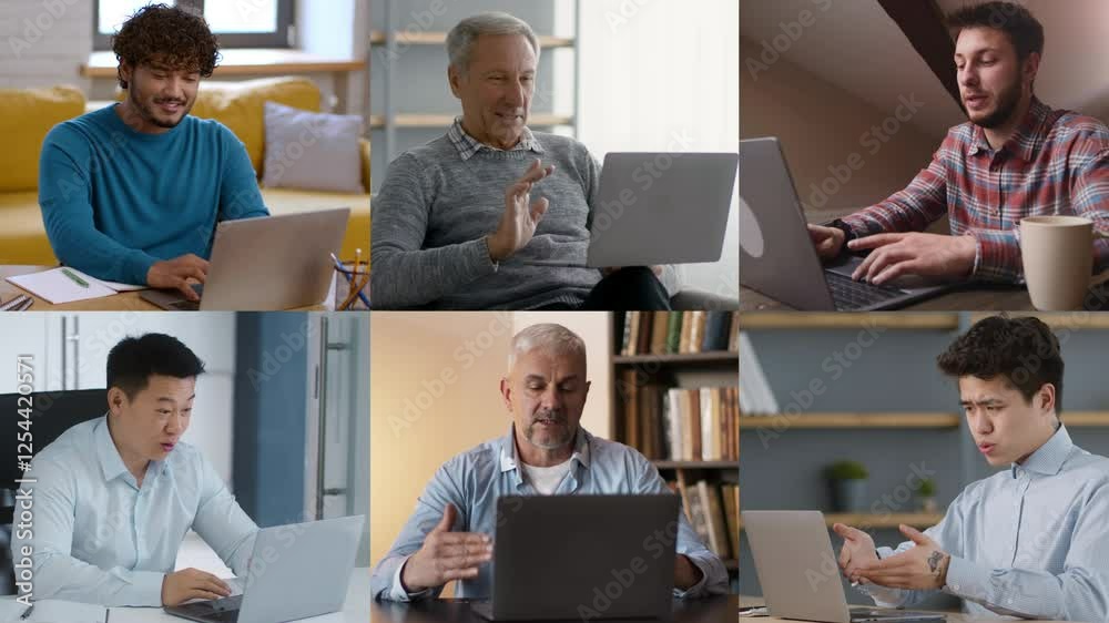 Poster a group of individuals from different backgrounds interact during a video call, each in their home o