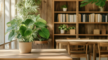 Indoor greenery display in cozy modern workspace plant care tips natural light environment aesthetic viewpoint