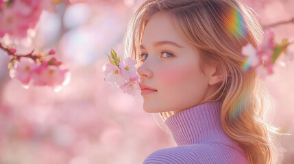 Fototapeta premium Colorful hair woman in blue ribbed necks enjoy fresh air in park with cherry blossom
