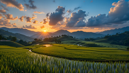 green rice field view with mountain background and sunset light. Ai-generated image.