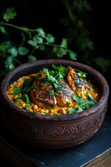 Deliciously plated chicken curry with herbs in a rustic bowl against a dark background