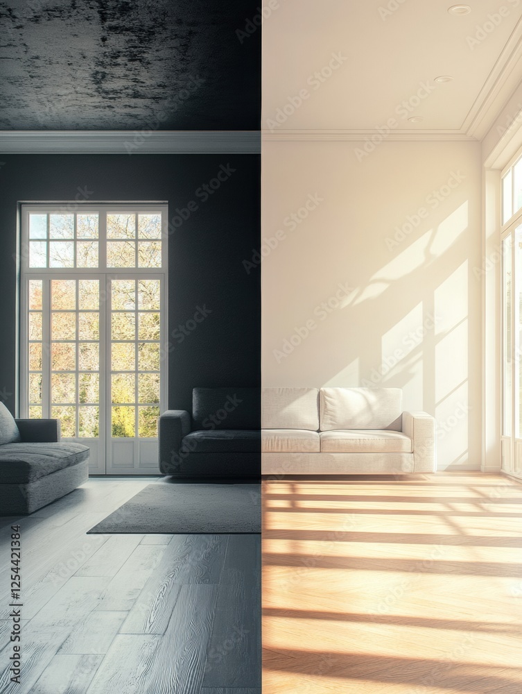 Wall mural Contrast between old dark interiors and bright modern renovation in a split view living room. Generative AI