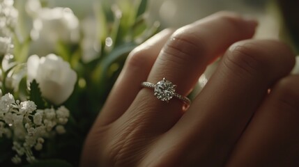 Close Up of Sparkling Diamond Ring on Woman's Finger with Floral Accents in Soft Lighting for Wedding or Engagement Theme