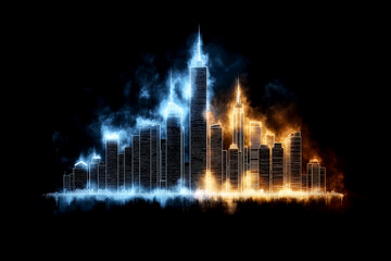 Obraz premium A city skyline with a blue and orange glow. The city is lit up and the buildings are illuminated