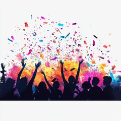 Celebratory Crowd with Colorful Confetti and Vibrant Paint Splashes in a Festive Environment