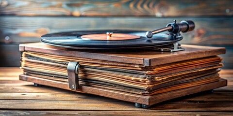 A stack of old vinyl records with a wooden record player in the background , vinyl, records
