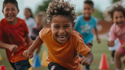 Joyful Kids Race: A group of happy, diverse children race towards the camera, their laughter infectious and their energy undeniable. This vibrant image captures the pure joy and spirit of childhood. 