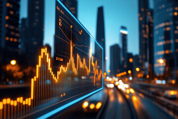 digital stock market chart with glowing lines is superimposed over blurred cityscape, illustrating concept of smart urban transit operations connecting through AI. scene conveys sense of modern