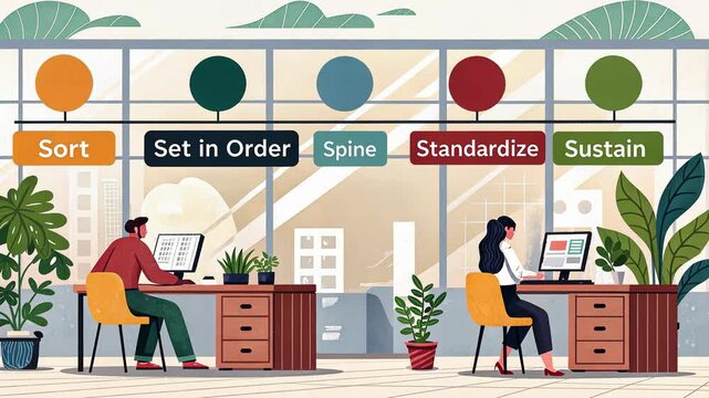 The 5S Sort Set in Order Shine Standardize and Sustain, Office workers organizing tasks in a modern workspace