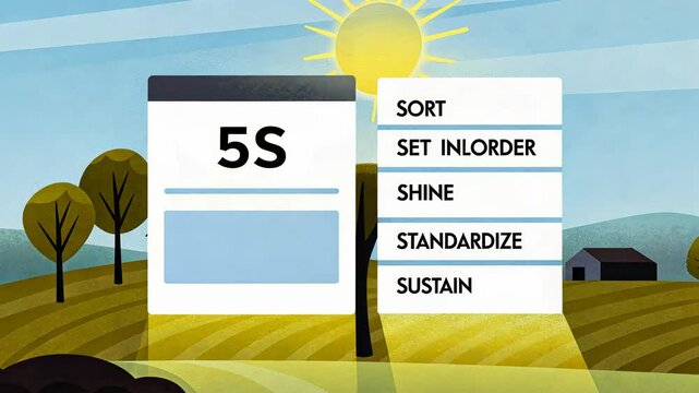 The 5S Sort Set in Order Shine Standardize and Sustain, 5S methodology visual representation with landscape background