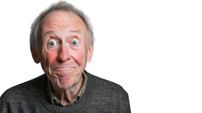 Elderly man expressing surprise on transparent background