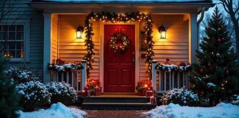 Fototapeta premium Richly colored Christmas decorations spilling out onto the porch of a charming front door, lanterns, festive, evergreen