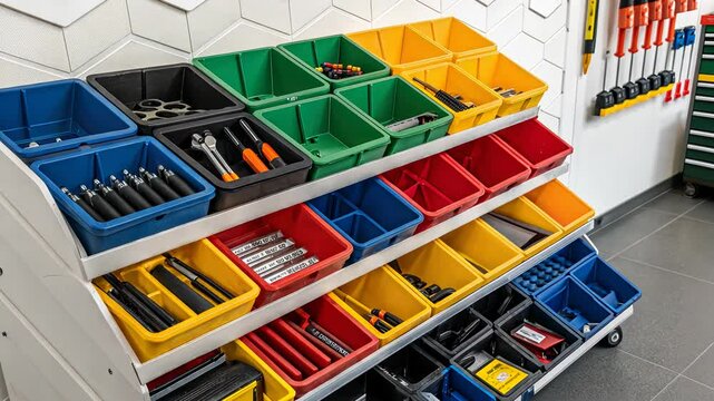 The 5S Sort Set in Order Shine Standardize and Sustain, Organized tool storage with colorful bins
