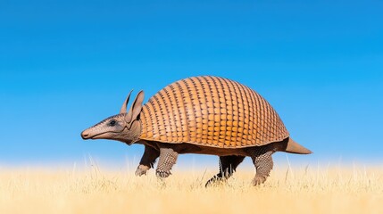 A detailed view of an armadillo walking through a golden grassland under a clear blue sky