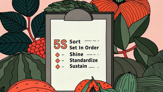 The 5S Sort Set in Order Shine Standardize and Sustain, 5S methodology with fruits and checklist illustration