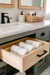 Neatly arranged towels in a wooden drawer of a modern bathroom with elegant decor