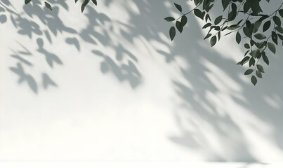Tranquil interplay of light and shadow, Delicate foliage casts intricate patterns upon a pristine white wall in minimalist serenity and subtle charm
