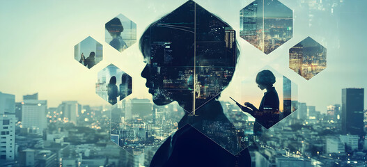 Innovative connections, A silhouette of collaborative minds converging in the digital cityscape, showcasing the power of networking and ideas