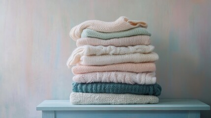 Pastel knitwear stack on pale blue table, textured wall backdrop. Lifestyle photography for blogs