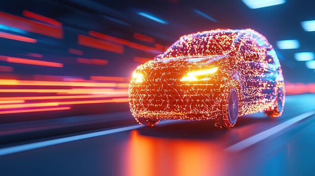futuristic car made of glowing digital lines speeds through neon lit cityscape, showcasing advanced technology and innovation