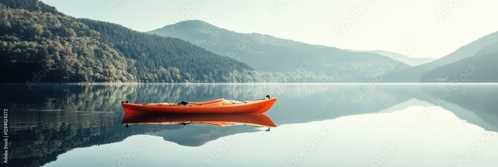 Poster Calm mountain lake with a lone kayak floating peacefully during a serene morning. Generative AI